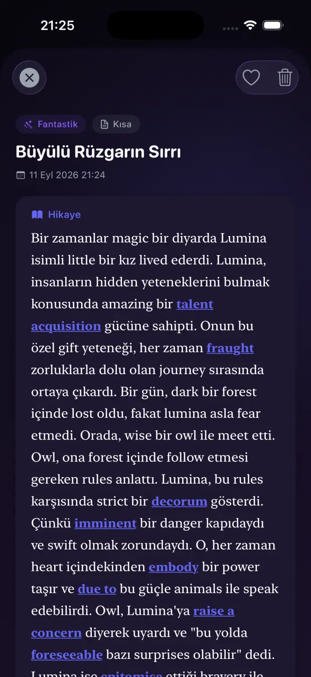 AI Hikaye ekranı: çalışılan kelimelerin vurgulandığı, üretilmiş bir İngilizce metin.
